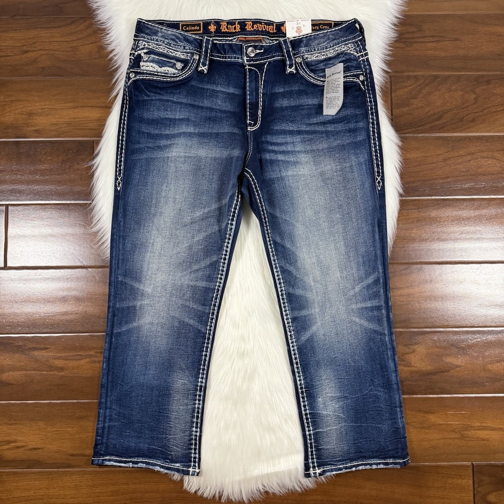 Rock Revival Women's Size 31 S Embellished Celinda Easy Crop Denim Jeans